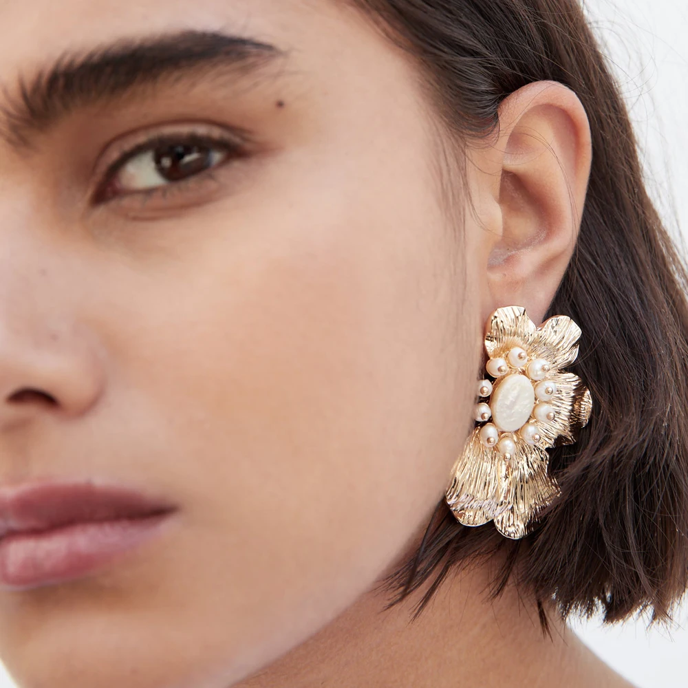 ZA новые женские серьги-гвоздики с металлическим цветком, модные свадебные серьги с искусственным жемчугом, аксессуар