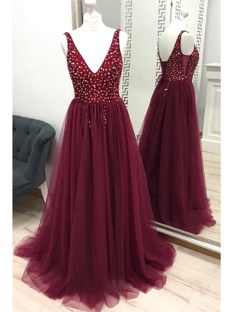 

Charming V Neck Lace Beads Lace Up Wine Red Tulle A-line Wine Red Evening Gown