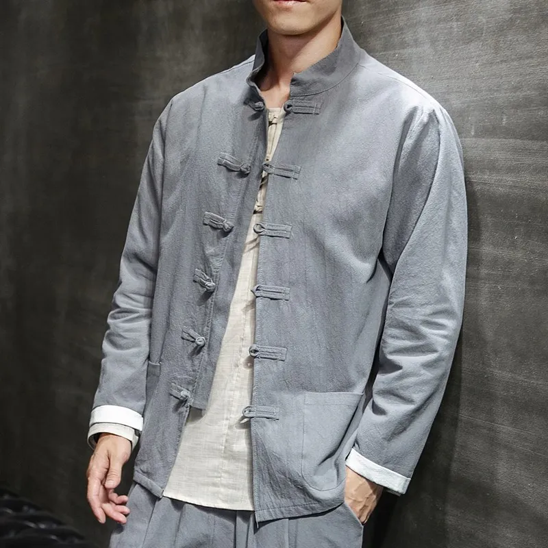Cotton Linen Blue China Shanghai Male Oriental Mens Clothing Large Size Vintage Han Chinese Kung Fu Bomber Jackets Flax Buckle