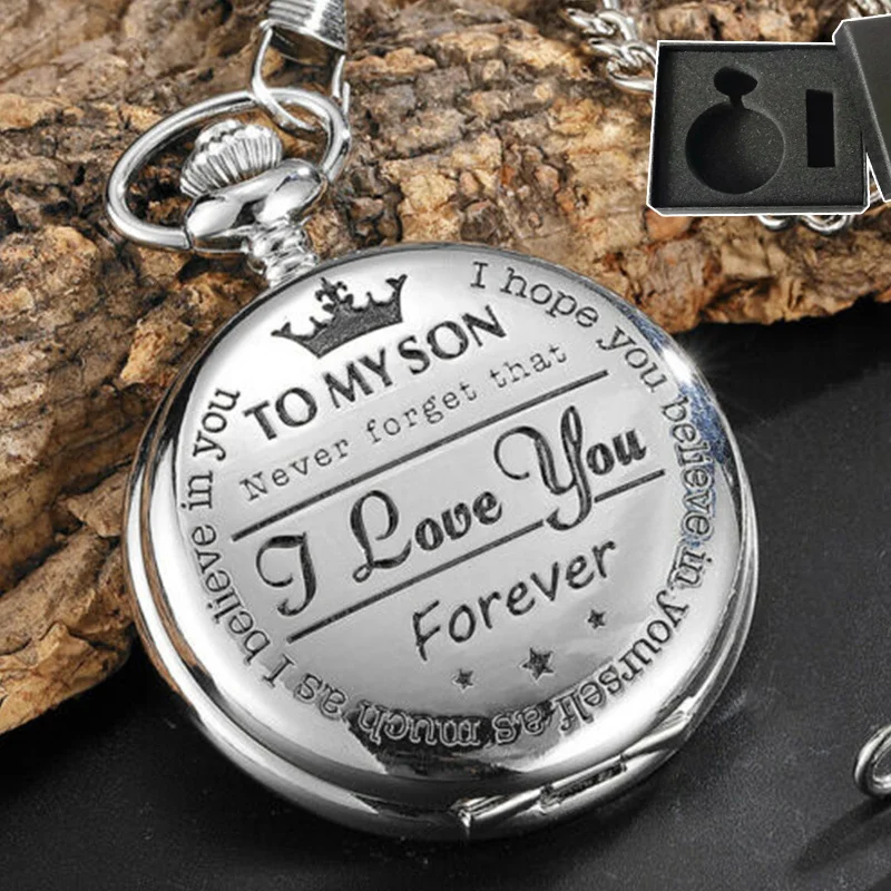 Новые Модные Винтажные кварцевые карманные часы с надписью «Mom Give To Her Son», Римский Круглый Мужской часы с подарочной коробкой - Цвет: Серебристый
