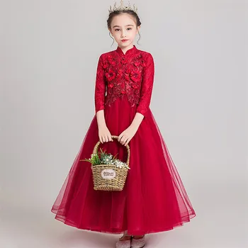 

2019Autumn Winter Elegant New High-Grade Children Girls Wine-red Color Appliques Flowers Princess Party Dress Kids Baby Dress