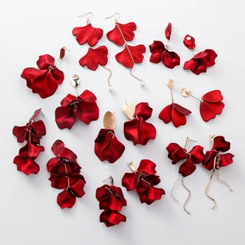 

New Fashion Trendy Exaggerate Red Big Acrylic Petal Tassel Statement Dangle Earrings For Female Party Jewelry