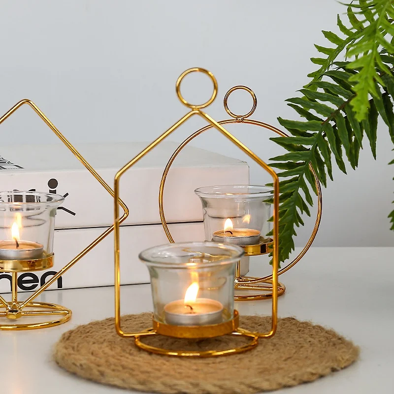 

Metal Candlestick Wrought Iron Golden Scented Candle Holder Candelabra Geometric Tabletop Minimalist Wedding Home Decorations