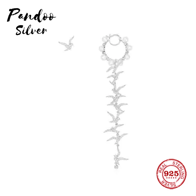 Pandoo модная подвеска Стерлинговое Серебро 1:1 копия, асимметричная Ласточка длинные серьги Роскошные ювелирные изделия подарок для женщин