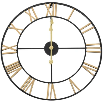 

HOT-1Pcs Wall Decoration Wrought Iron Alarm Clock Retro Wall Clock 3D Round Roman Hollow Iron Bar Quiet Decorative Wall Clock Go