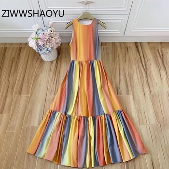 

ZIWWSHAOYU Fashion Female Summer Multicolor Print Vest Midi Dress Runway Designer Ladies Ruched Sleeveless Streetwear Dresses