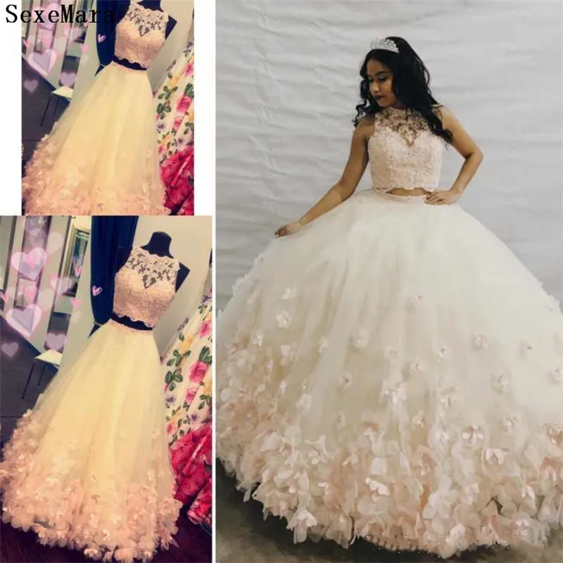 

New Two Pieces Flower Girls Dresses for Wedding 3D Floral Lace Light Pink Puffy Tulle Birthday Party Pageant Gown Kids Clothes