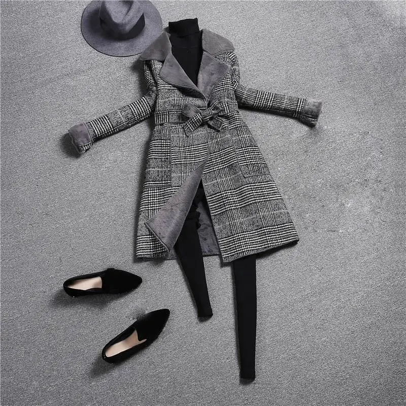 Winter Woman Long Plaid Coat Pockets Slim Woolen Blends Coat Long Sleeve Pocket Warm Overcoat