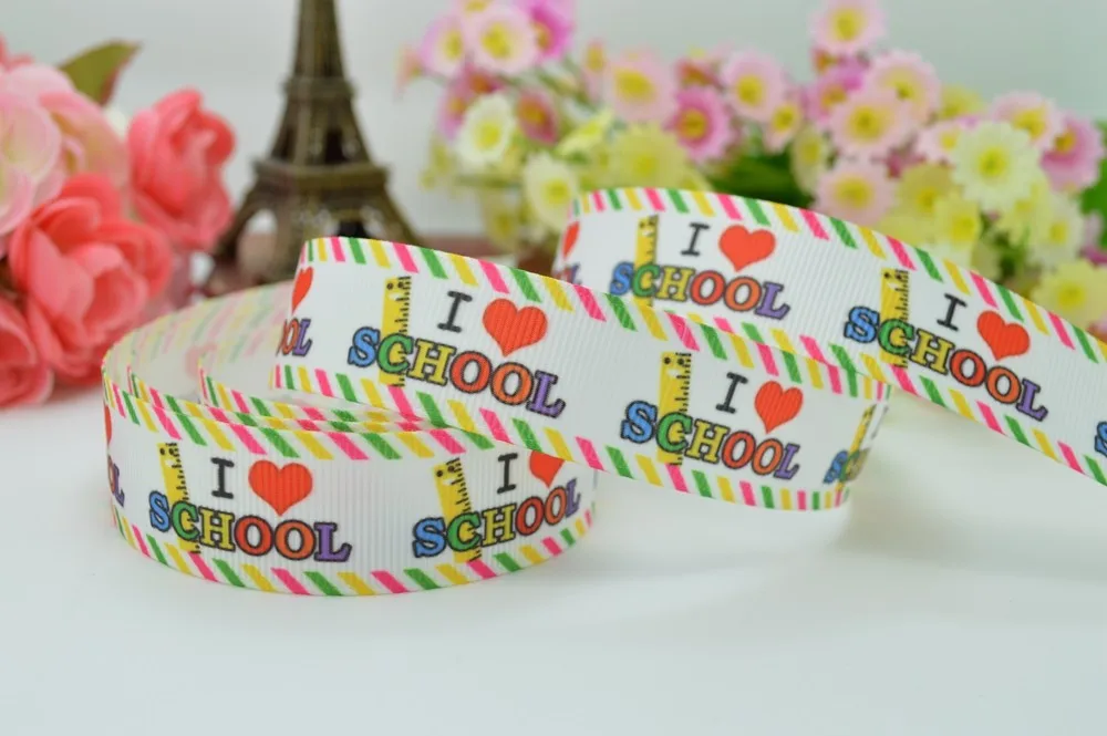 7/" 22 мм I love school Линейка в полоску с принтом корсажная лента бант для волос DIY Ручная работа OEM 50YD
