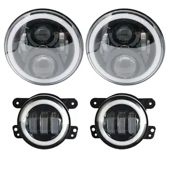 

for Jeep Wrangler TJ JK 7inch LED Headlights with White DRL/Amber Turn Signal + 4inch LED Fog Lights with White DRL Halo Ring