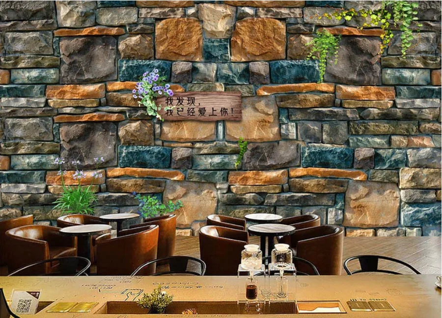 Customized European and American stone wall coffee shop bar background wallpaper mural
