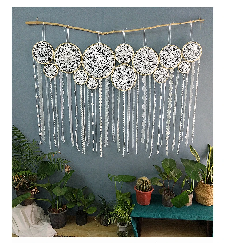 

DIY tapestry wall hanging Lace Dreamcatcher macrame White Wedding Background Decoration Handmade original design