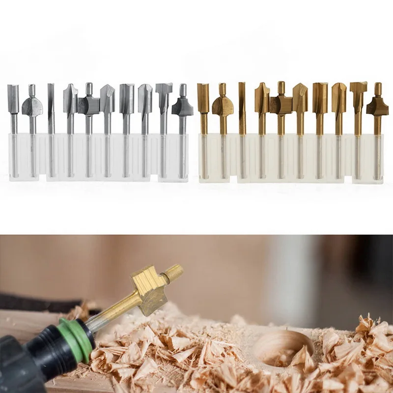 

10pcs Trimming Knife Milling Cutter Sets 3mm 1/8\" HSS Shank Router Bits Kit Woodworking Wood for Carving Drilling