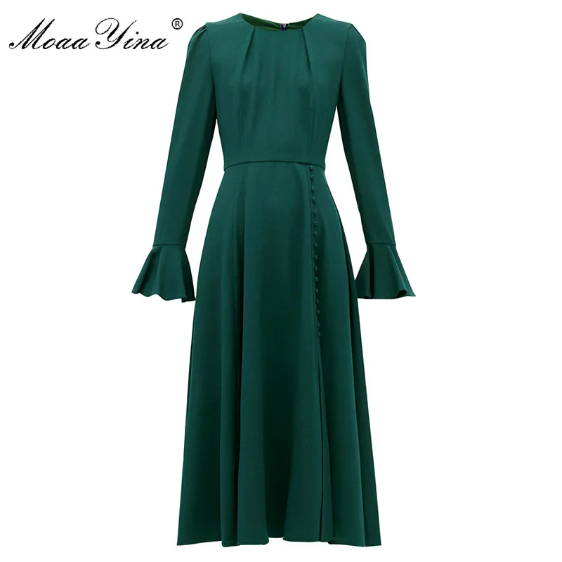 MoaaYina Fashion Designer dress Spring Autumn Women's Dress Flare Sleeve Slim Button Split Dresses | Женская одежда