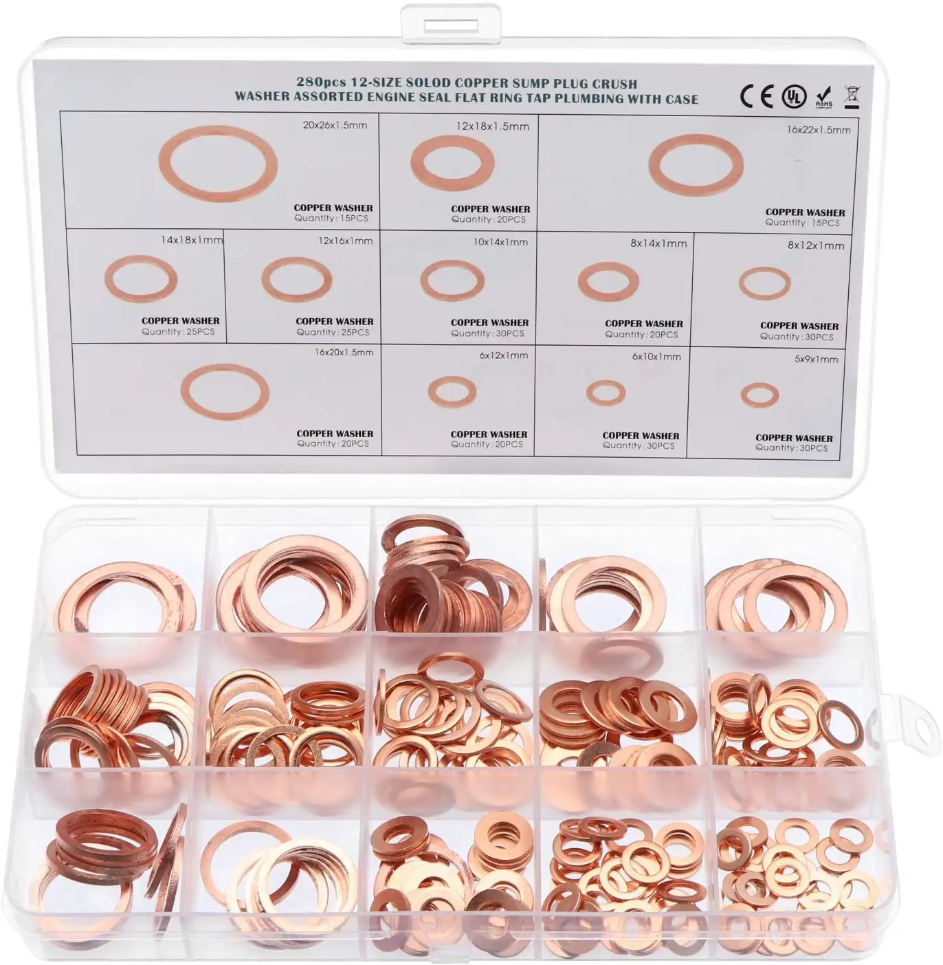 280pcs M5-M14 Car Engine Assorted Copper Washers 12 Sizes Flat Ring Seal Gaskets 