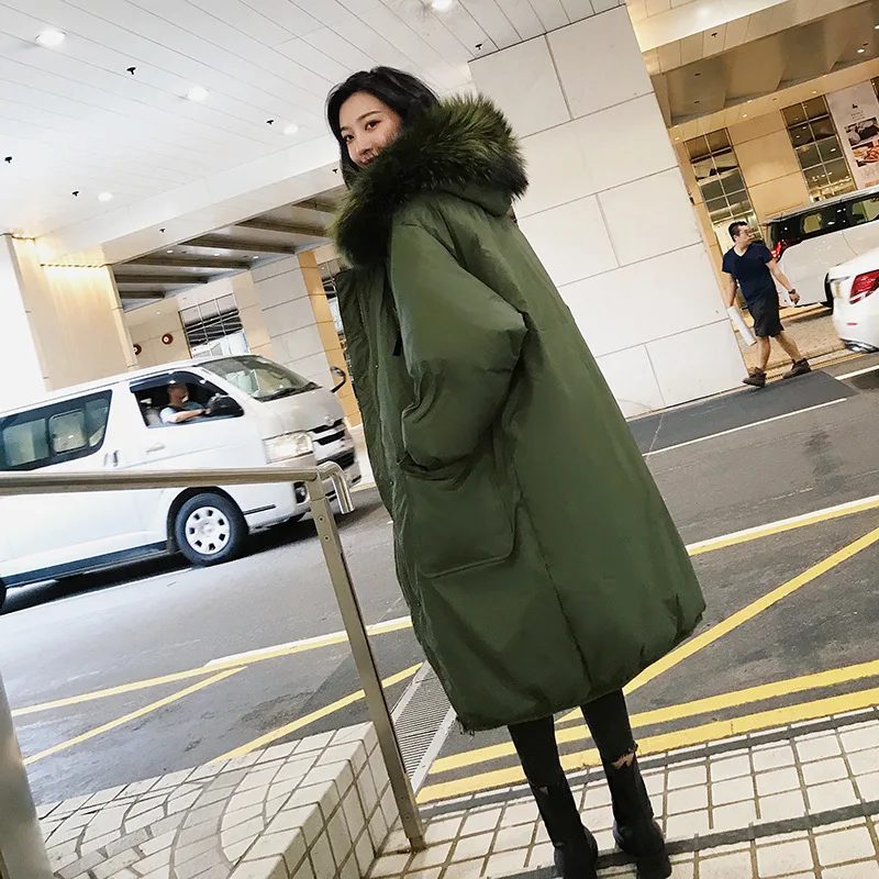 

Photo Shoot Green Cotton-padded Clothes Women's Mid-length 2019 Winter New Style Korean-style Loose-Fit Hooded Large Fur Collar