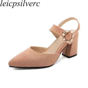 

Women Sandals Shoes Summer High Heel Flock Pointed Toe Pearl Buckle 2020 New Sexy Fashion Casual Office Dress Black Pink Beige