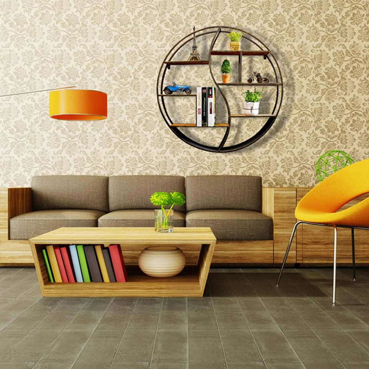 European style living room wall hanging rack creative solid wood shelf partition wall round display decorative frame afbeelding