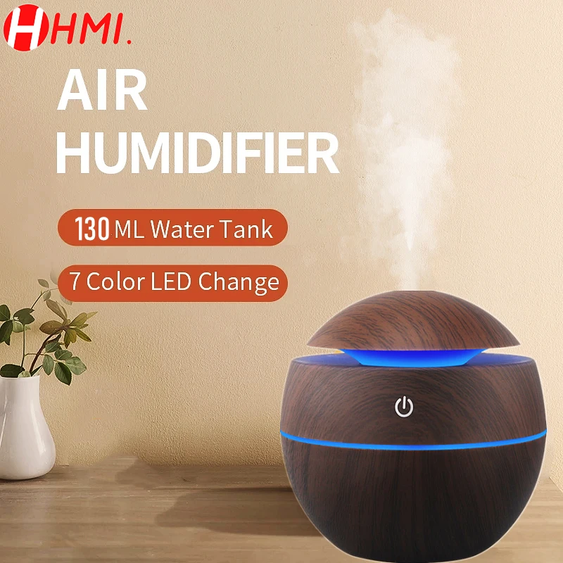 130ML USB Air Humidifier Electric Aroma Diffuser Mist Wood Grain Oil  Aromatherapy Mini Have 7 LED Light For Car Office Home