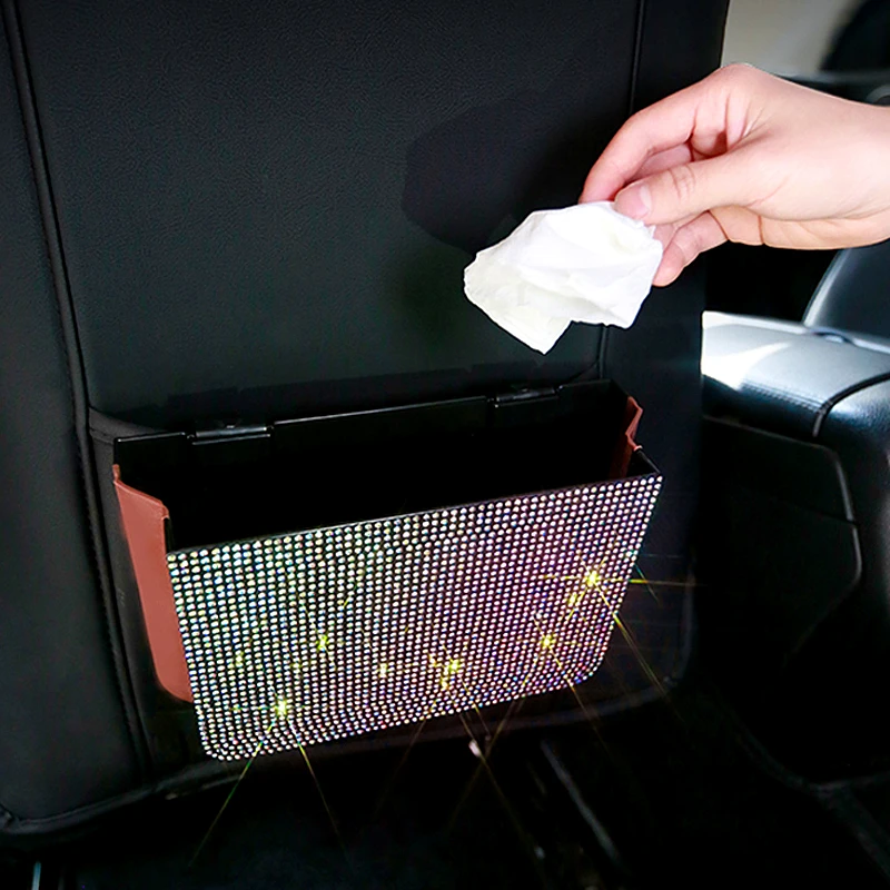 Crystal Rhinestone Car Storage Bag Box Seat Organizer Box Backseat Holder Multi-Pockets Container Stowing Tidying Trash Bin