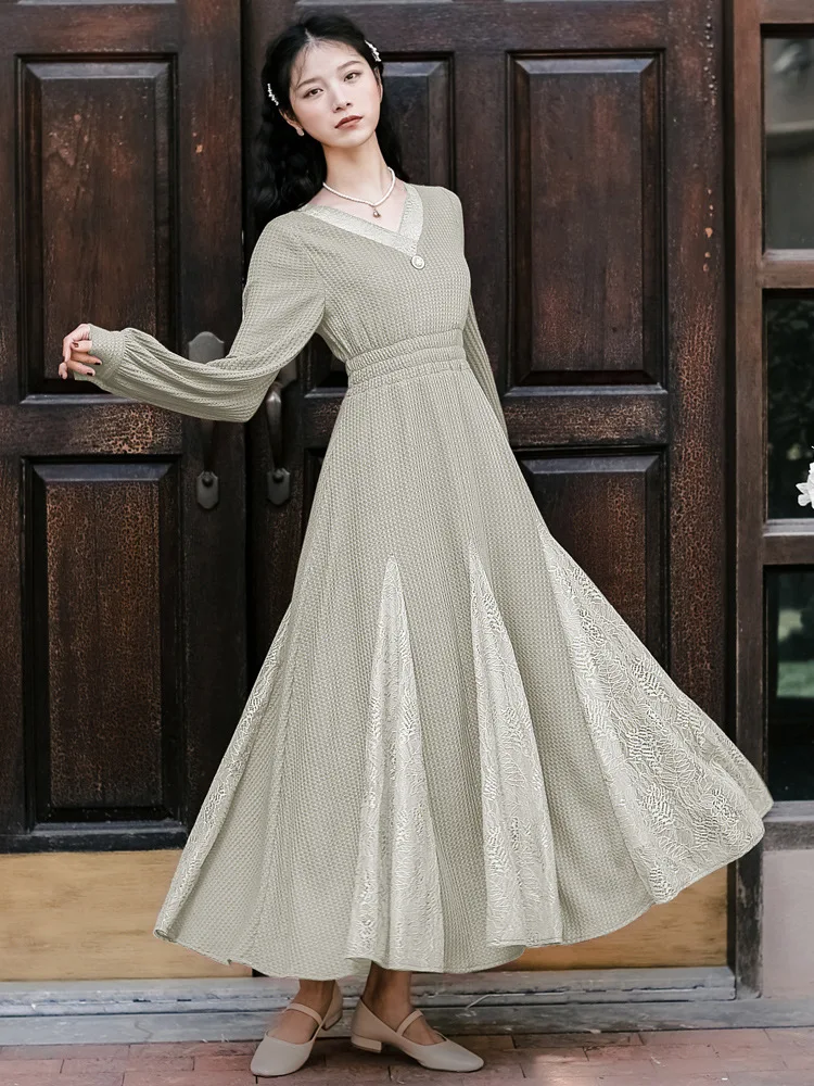 Новинка 2020 модная женская одежда винтажное платье до щиколотки с v-образным