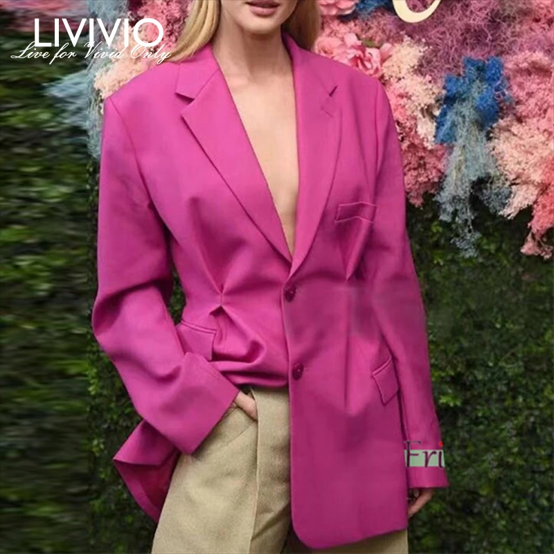 

[LIVIVIO] Summer OL Solid Blazer For Women Lapel Collar Long Sleeve Button Tunic Coat Top Female 2019 Fashion Clothes New