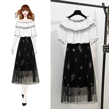 

2020 Summer Slash Neck Ruffles Patchwork Blouse Shirt Mesh Embroidery Skirt Women's Two Piece Mid-Calf Suit Dress