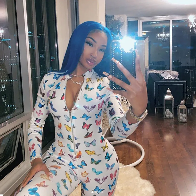 Chic Colorful Butterfly Print Sexy Long Sleeve Bodycon Jumpsuits Women 2020 Zipper Neck Club Outfits One Piece Rompers Cool Girl Chic Colorful Butterfly Print Sexy Long Sleeve Bodycon Jumpsuits Women 2020 Zipper Neck Club Outfits One Piece Rompers Cool Girl