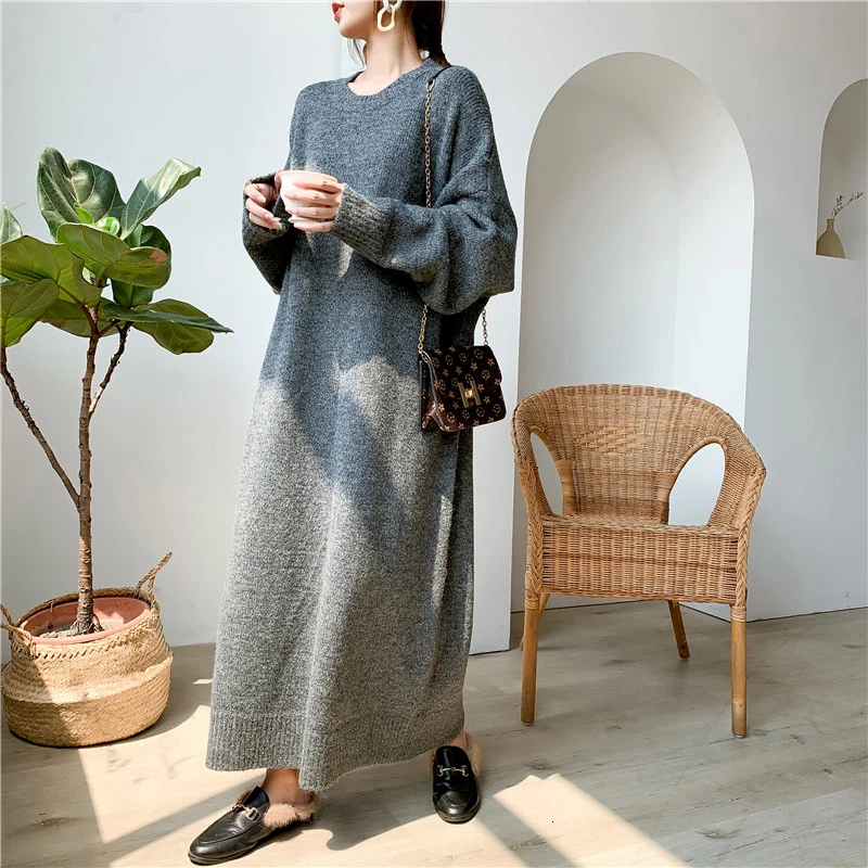 DEAT New Round Neck Full Sleeves Knits Pullover Loose Long Big Size Cashmere Female Sweater Dress 19F-a150-02