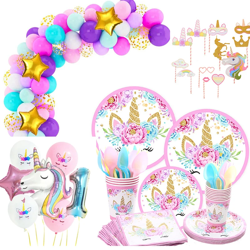 Juego de vajilla desechable de unicornio para decoración de fiesta de cumpleaños, platos, vasos, servilletas, tatuaje, cumpleaños niños niñas, despedida de soltera