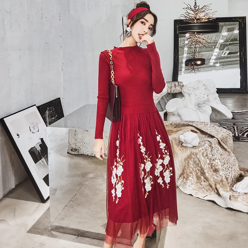 

2019 Autumn New Knit Dress For Women Elegant Long Sleeve Sweater Patchwork Mesh Embroidery Long Dress Ladies Party Vestidos