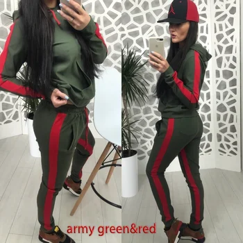 

ZOGAA Couples Hooded Tracksuit Women&Men Casual Army Green + Red 2 Pieces of Set Sweatshirt+Drawstring Pants Fashion Sportswear