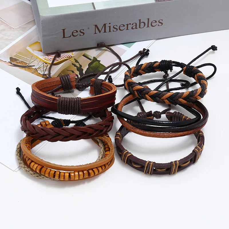 

Male Trendy Bracelets Vintage Braided Leather Bracelets Wood Beads Charms Bangles 6pcs in one Set