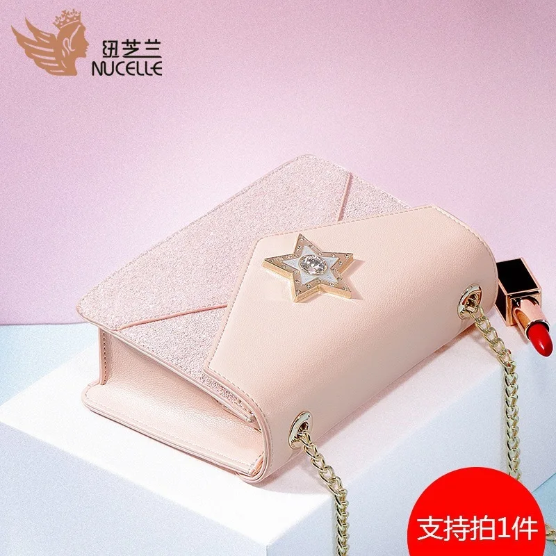 

Bag Female 2019 Joker Sequins Single Shoulder Oblique Satchel Pink Chain Letter Envelope