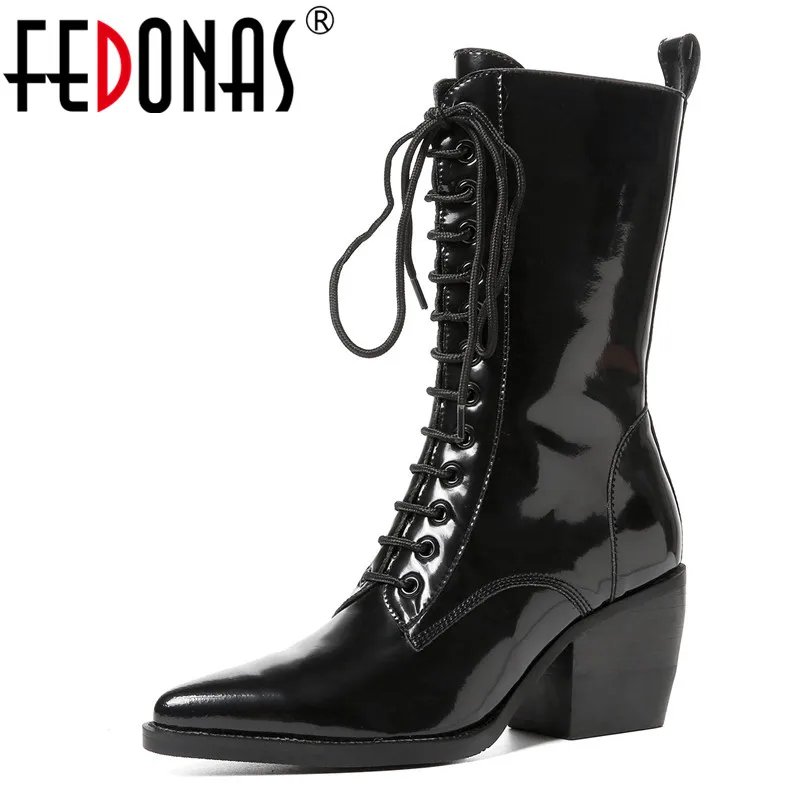 

FEDONAS Brand Chunky Heels New Women Cross Tied Ankle Boots Punk Motorcycle Boots Night Club Shoes Woman Genuine Leather Boots