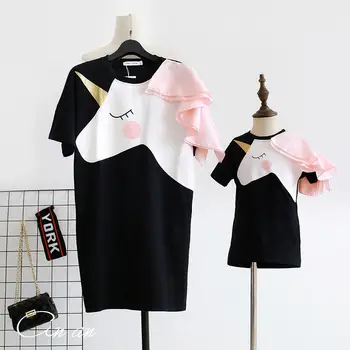 

YUXIC 2020 Summer Mother Daughter Dress Cartoon Unicorn Short Sleeved Mom and Me Matching Dress Family Look Clothes Kids Dress