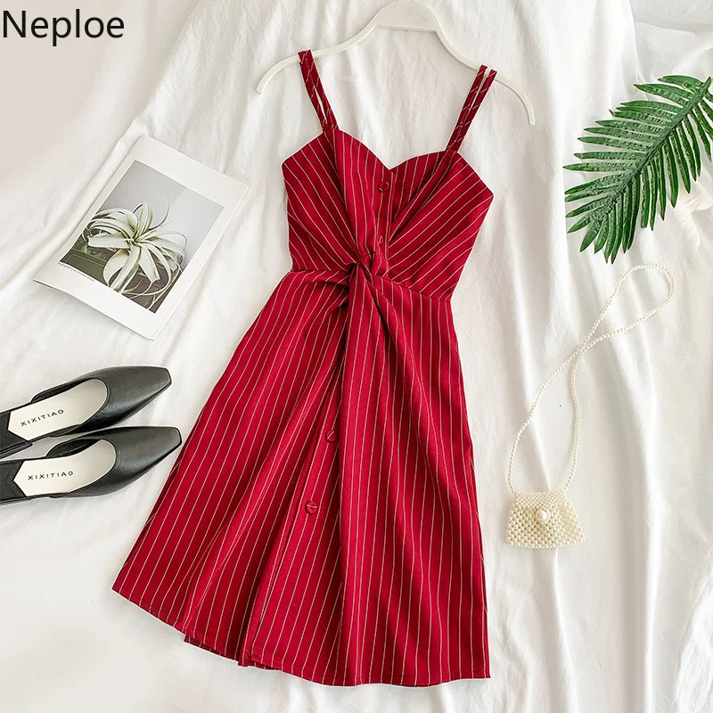 

Neploe Vintage Plaid Dress 2019 New Single Breasted Backless Camis Vestidos Summer V-Neck Backless High Waist Short Robe 43142
