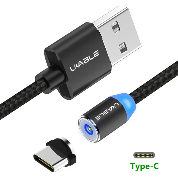 Black Type C 1 м Магнитный кабель Micro USB с нейлоновой оплеткой светодиодный кабель для быстрой зарядки type-C для iPhone 7 8 X XS 11 samsung S8 9 Android Mobile - Цвет: Black Type C