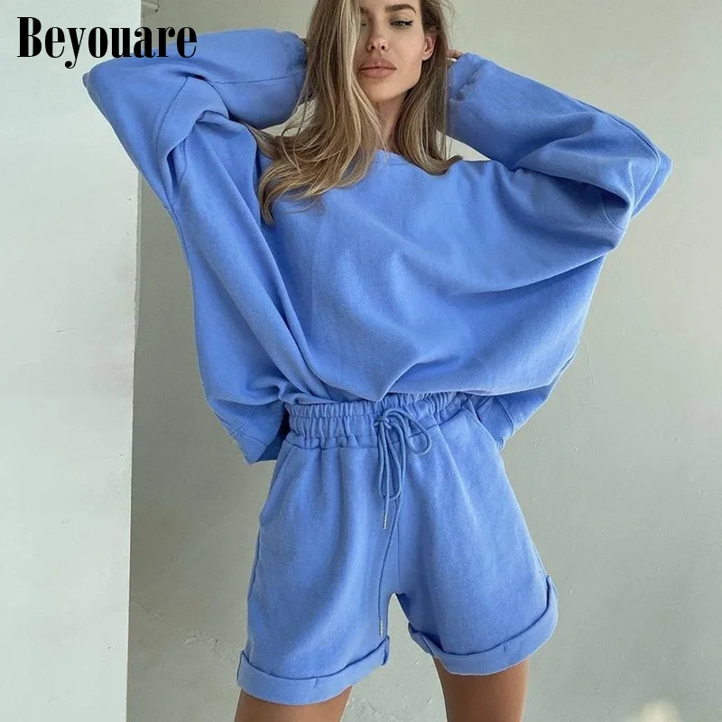 

Beyouare Casual Sports Set Round Neck Puff Long Sleeve Loose Sweatshirt And Elastic Waist Short Women's 2 Piece Set Autumn 2020