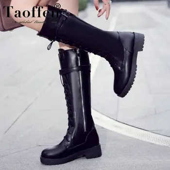 

Taoffen Hot Sale Women Motorcycle Boots Pu Leather Sexy Ladies Brand Black Boots Chunky Heels Winter Shoes Woman Warm Size 34-43