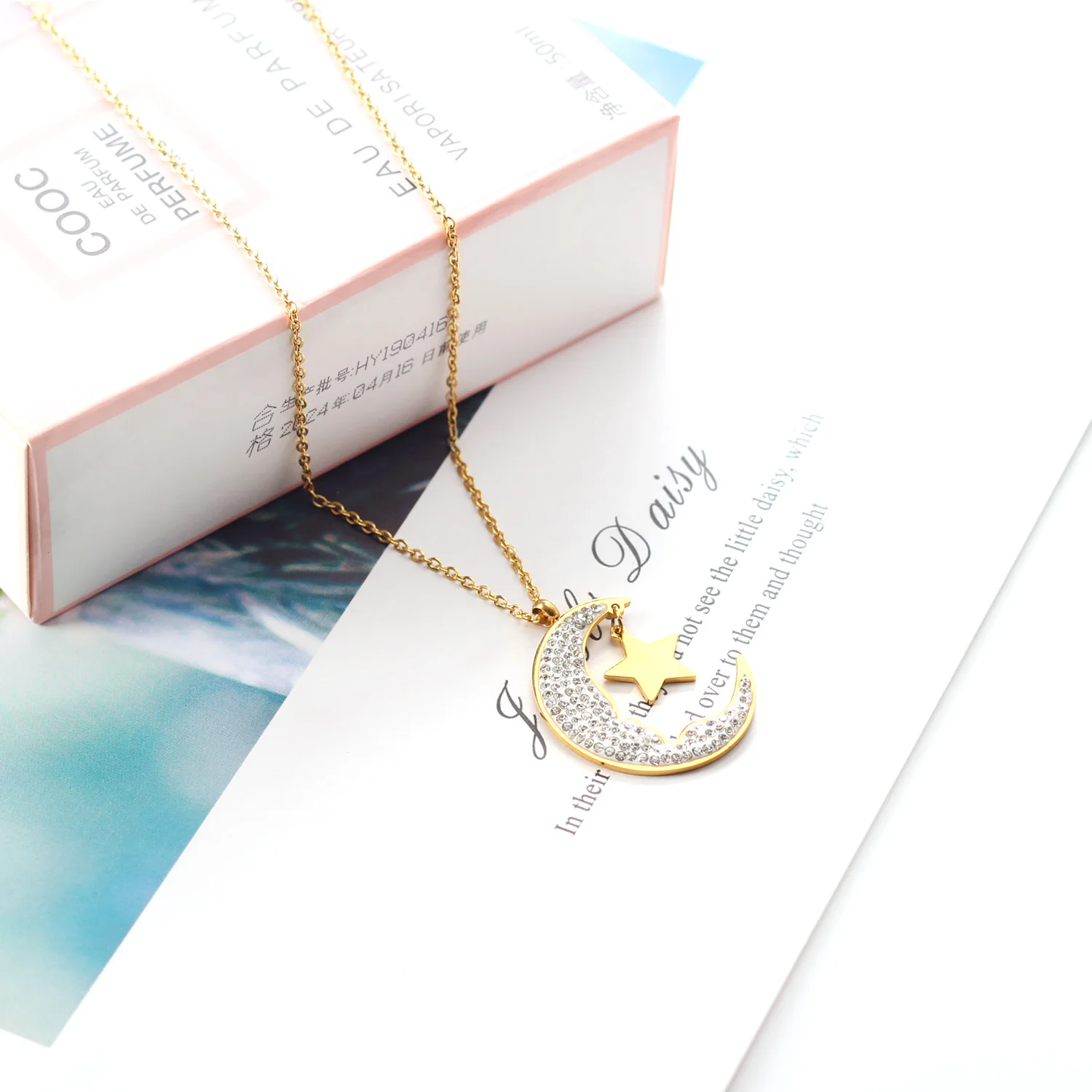 

LUXUKISSKIDS Necklaces For Women Cubic Zirconia Moon Star Pendant Necklace Collier Party Gold Rolo Link Chains Necklaces Party