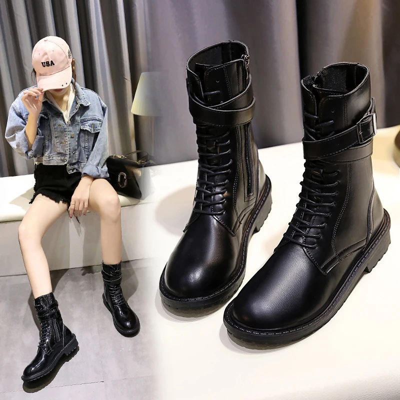 

Bootee Woman 2019 Martins For Women Low Heels booties Round Toe Brand Women's Shoes Lace Up Autumn Boots Booties Ladies Rock