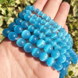 Natural Pink, White, & Blue Cat Eye Round Loose Beads for Jewelry Making - High - Quality Moonstone DIY Bracelet, 15 Strand (Lake Blue)