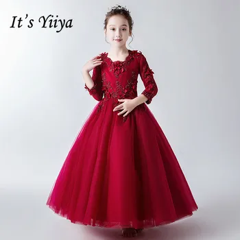 

Flower Girl Dress Burgundy It's Yiiya B056 Long Sleeve O-Neck Communion Dresses Appliques Beading Girls Princess Ball Gowns