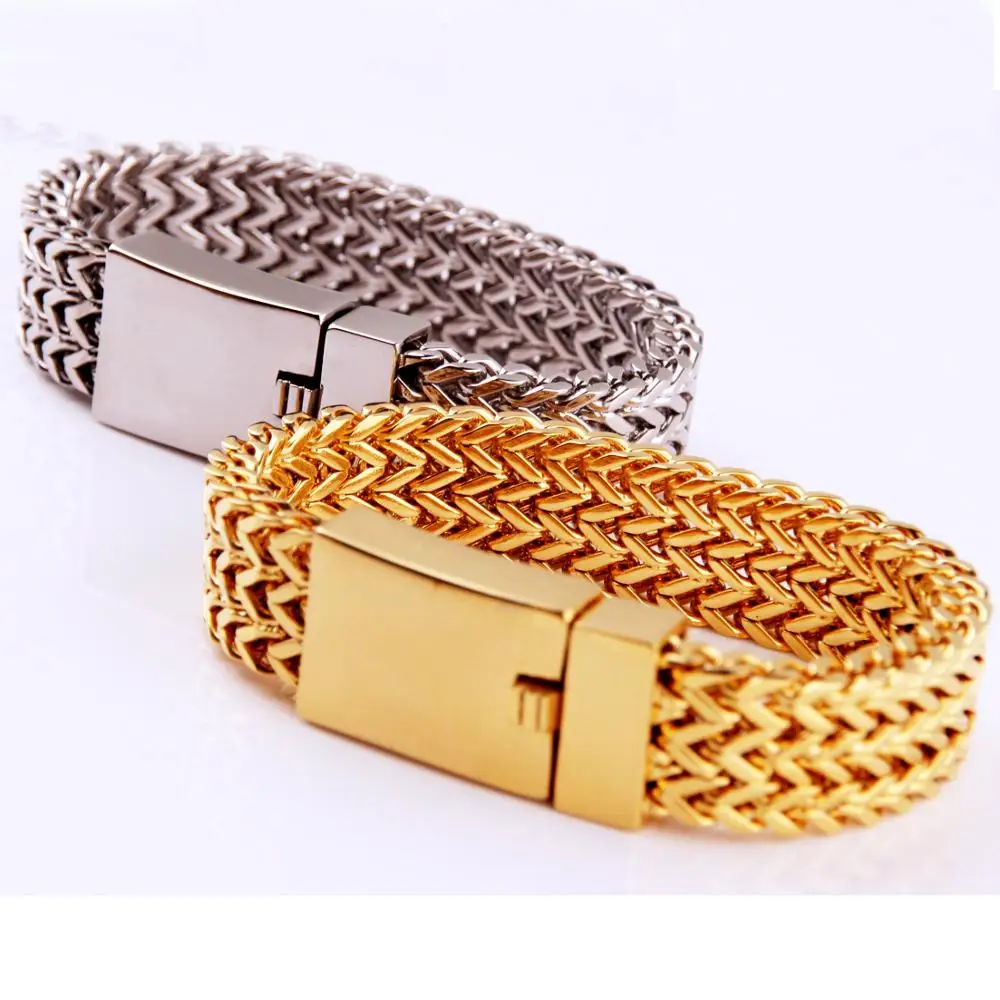 

Length 8.7" Hip Hop Rocker Rapper DJ Men Bracelet Punk Gold/Silver Color Stainless Steel Dubai Jewellery Men bracelet Jewelry