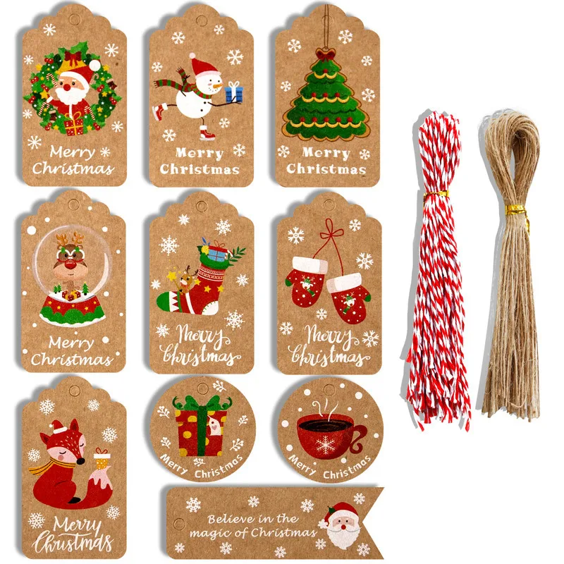 

100pcs Christmas Retro Kraft Paper Tags DIY Santa Claus Hang Tag With Rope Labels Gift Packaging Blessing Paper Card Xmas