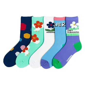 

5 Pairs Women Sweet Candy Color Crew Socks Harajuku Cartoon Flower Print Hosiery