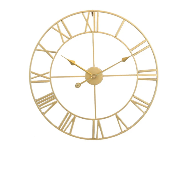 Round 80 Cm Silver Black Gold 3D Large Retro Black Iron Art Hollow  Wall Clock Roman Numerals Watch Clock Home Decor  Wall Gold B