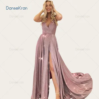 

V-neck Shiny Prom Dresses 2021 Pleated Side Split Formal Dresses For Party Spaghetti Straps A-line Sparkly Evening Gowns
