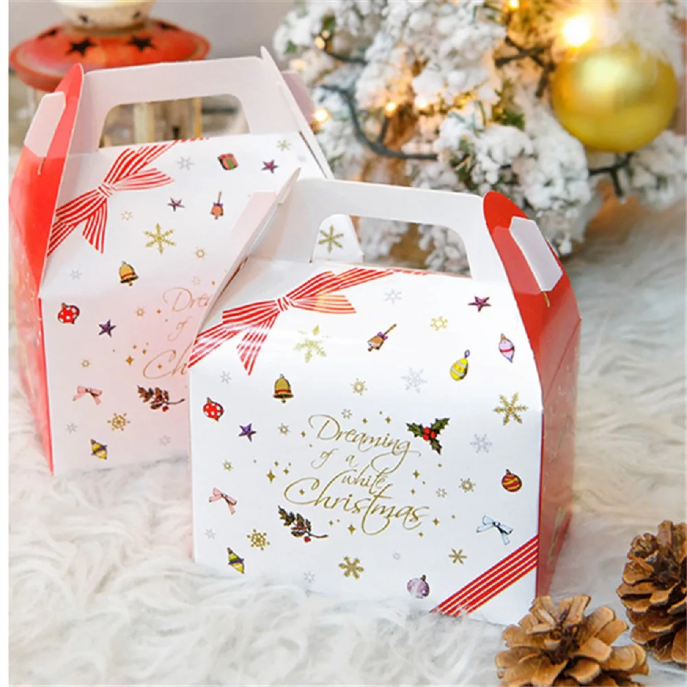

10PCS White Christmas Portable Gift Box Candy Packaging Packaging Boxes Egg Yolk Puff Pastry Xmas Candy Box
